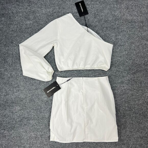 Pretty Little Thing 2 Pc One Shoulder Crop Top Skirt Set Womens 4 White Woven - Picture 7 of 13